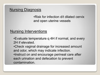 Nursing Diagnosis
•Risk for infection d/t dilated cervix
and open uterine vessels
Nursing Interventions
•Evaluate temperat...