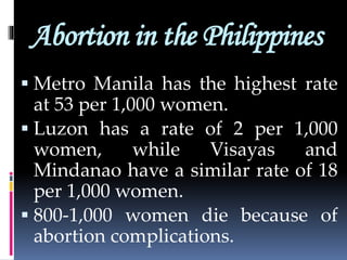 Abortion in the Philippines
 Metro Manila has the highest rate
at 53 per 1,000 women.
 Luzon has a rate of 2 per 1,000
women, while Visayas and
Mindanao have a similar rate of 18
per 1,000 women.
 800-1,000 women die because of
abortion complications.
 