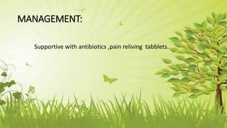 MANAGEMENT:
Supportive with antibiotics ,pain reliving tabblets.
 