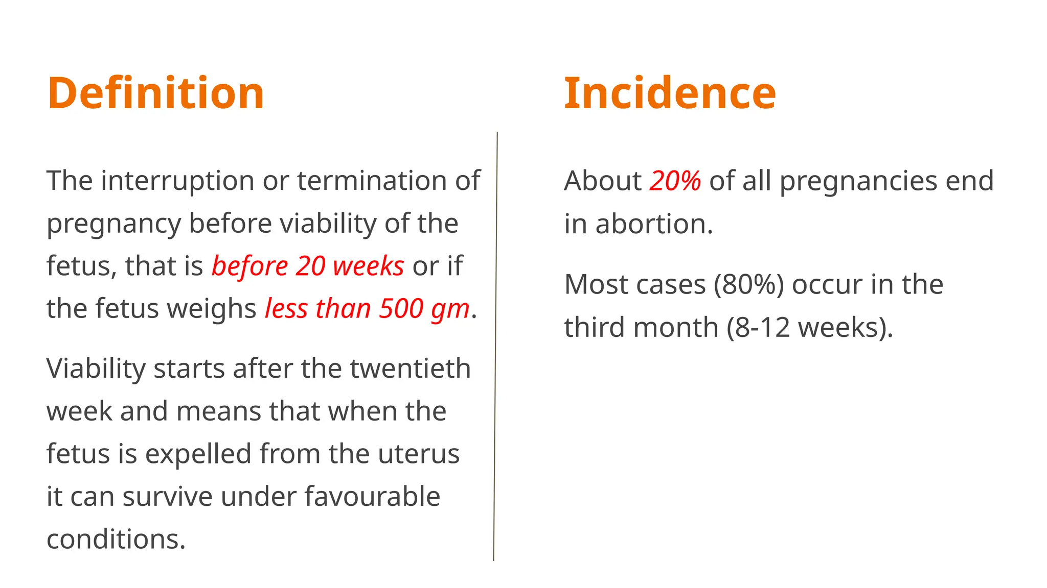 Definition
The interruption or termination of
pregnancy before viability of the
fetus, that is before 20 weeks or if
the fetus weighs less than 500 gm.
Viability starts after the twentieth
week and means that when the
fetus is expelled from the uterus
it can survive under favourable
conditions.
About 20% of all pregnancies end
in abortion.
Most cases (80%) occur in the
third month (8-12 weeks).
Incidence
 