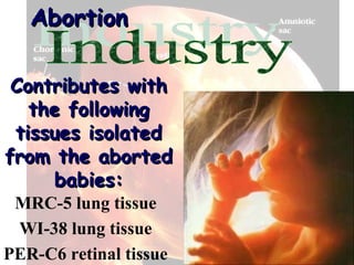 Abortion

 Contributes with
   the following
 tissues isolated
from the aborted
      babies:
 MRC-5 lung tissue
 WI-38 lung tissue
PER-C6 retinal tissue
 