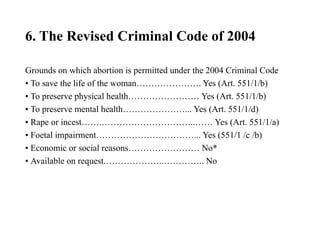 6. The Revised Criminal Code of 2004
Grounds on which abortion is permitted under the 2004 Criminal Code
• To save the life of the woman…………………. Yes (Art. 551/1/b)
• To preserve physical health…………………… Yes (Art. 551/1/b)
• To preserve mental health…………………... Yes (Art. 551/1/d)
• Rape or incest…….…………………………..…… Yes (Art. 551/1/a)
• Foetal impairment……………………………... Yes (551/1 /c /b)
• Economic or social reasons…………………… No*
• Available on request.………………..………….. No
 