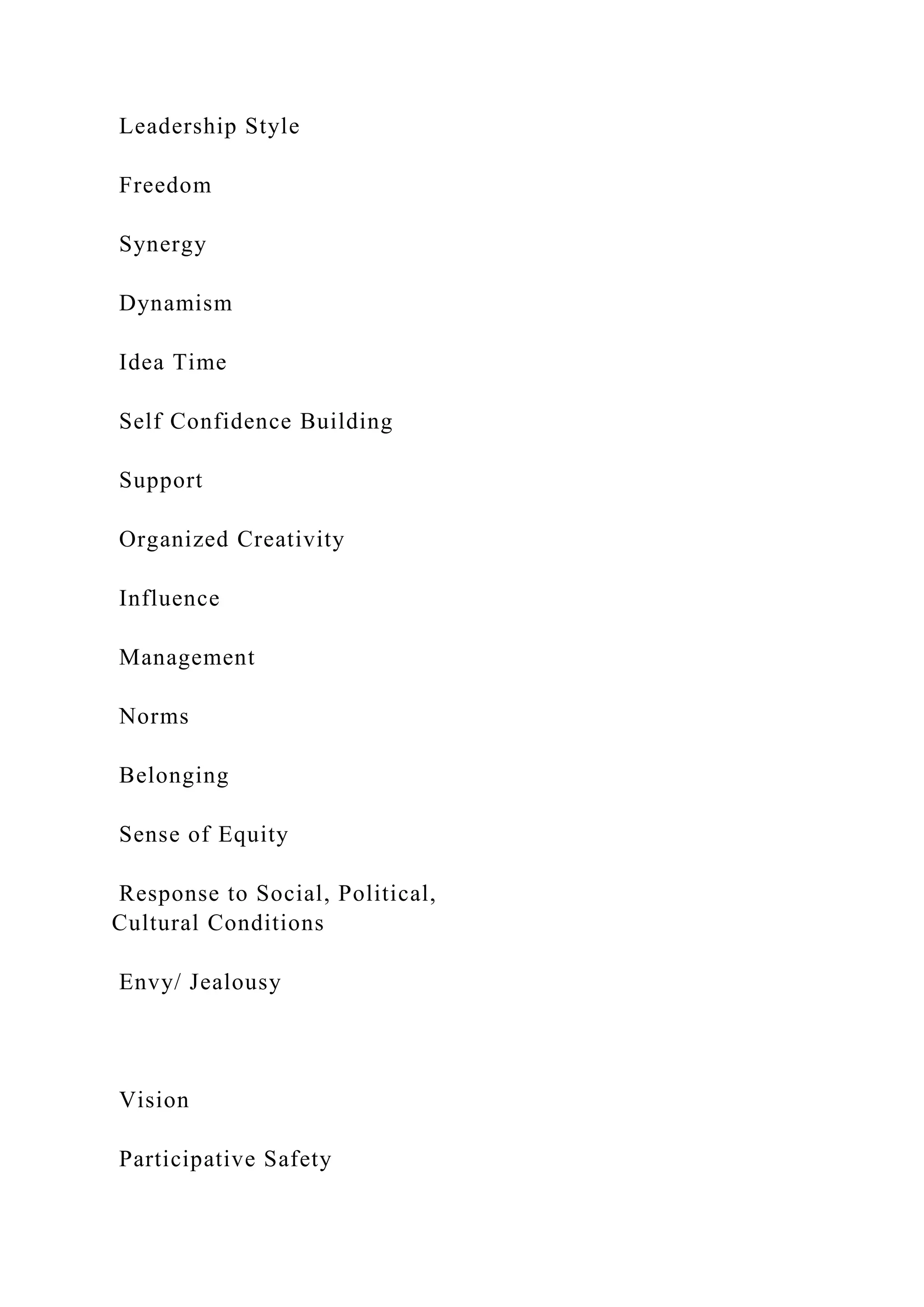 Leadership Style
Freedom
Synergy
Dynamism
Idea Time
Self Confidence Building
Support
Organized Creativity
Influence
Management
Norms
Belonging
Sense of Equity
Response to Social, Political,
Cultural Conditions
Envy/ Jealousy
Vision
Participative Safety
 