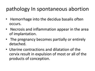 pathology In spontaneous abortion
• Hemorrhage into the decidua basalis often
occurs.
• Necrosis and inflammation appear in the area
of implantation.
• The pregnancy becomes partially or entirely
detached.
• Uterine contractions and dilatation of the
cervix result in expulsion of most or all of the
products of conception.
 