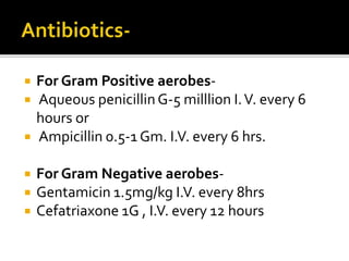  For Gram Positive aerobes-
 Aqueous penicillinG-5 milllion I.V. every 6
hours or
 Ampicillin 0.5-1 Gm. I.V. every 6 hrs.
 For Gram Negative aerobes-
 Gentamicin 1.5mg/kg I.V. every 8hrs
 Cefatriaxone 1G , I.V. every 12 hours
 