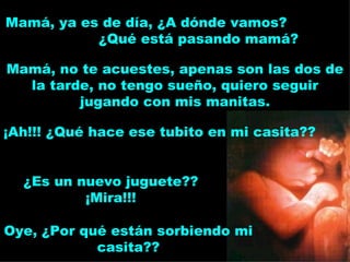 ¡Ah!!! ¿Qué hace ese tubito en mi casita?? Mamá, ya es de día, ¿A dónde vamos?  ¿Qué está pasando mamá? Mamá, no te acuestes, apenas son las dos de la tarde, no tengo sueño, quiero seguir jugando con mis manitas. ¿Es un nuevo juguete?? ¡Mira!!! Oye, ¿Por qué están sorbiendo mi casita?? 