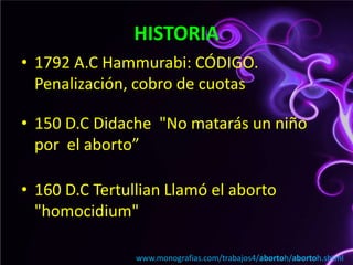 HISTORIA1792 A.C Hammurabi: CÓDIGO. Penalización, cobro de cuotas 150 D.C Didache"No matarás un niño por  el aborto”160 D.C TertullianLlamó el aborto "homocidium"www.monografias.com/trabajos4/abortoh/abortoh.shtml