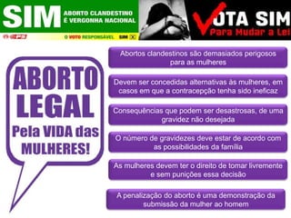 Abortos clandestinos são demasiados perigosos para as mulheresDevem ser concedidas alternativas às mulheres, em casos em que a contracepção tenha sido ineficazConsequências que podem ser desastrosas, de uma gravidez não desejadaO número de gravidezes deve estar de acordo com as possibilidades da famíliaAs mulheres devem ter o direito de tomar livremente e sem punições essa decisãoA penalização do aborto é uma demonstração da submissão da mulher ao homem
