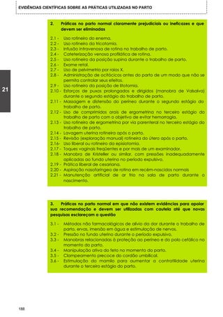 EVIDÊNCIAS CIENTÍFICAS SOBRE AS PRÁTICAS UTILIZADAS NO PARTO



                   2.      Práticas no parto normal claramente prejudiciais ou ineficazes e que
                           devem ser eliminadas

                   2.1 -    Uso rotineiro do enema.
                   2.2 -    Uso rotineiro da tricotomia.
                   2.3 -    Infusão intravenosa de rotina no trabalho de parto.
                   2.4 -    Cateterização venosa profilática de rotina.
                   2.5 -    Uso rotineiro da posição supina durante o trabalho de parto.
                   2.6 -    Exame retal.
                   2.7 -    Uso de pelvimetria por raios X.
                   2.8 -    Administração de ocitócicos antes do parto de um modo que não se
                            permita controlar seus efeitos.
                   2.9 -    Uso rotineiro da posição de litotomia.
21                 2.10 -   Esforços de puxos prolongados e dirigidos (manobra de Valsalva)
                            durante o segundo estágio do trabalho de parto.
                   2.11 -   Massagem e distensão do períneo durante o segundo estágio do
                            trabalho de parto.
                   2.12 -   Uso de comprimidos orais de ergometrina no terceiro estágio do
                            trabalho de parto com o objetivo de evitar hemorragia.
                   2.13 -   Uso rotineiro de ergometrina por via parenteral no terceiro estágio do
                            trabalho de parto.
                   2.14 -   Lavagem uterina rotineira após o parto.
                   2.15 -   Revisão (exploração manual) rotineira do útero após o parto.
                   2.16-    Uso liberal ou rotineiro da episiotomia.
                   2.17 -   Toques vaginais freqüentes e por mais de um examinador.
                   2.18 -   Manobra de Kristeller ou similar, com pressões inadequadamente
                            aplicadas ao fundo uterino no período expulsivo.
                   2.19 -   Prática liberal de cesariana.
                   2.20 -   Aspiração nasofaríngea de rotina em recém-nascidos normais
                   2.21 -   Manutenção artificial de ar frio na sala de parto durante o
                            nascimento.




                   3.   Práticas no parto normal em que não existem evidências para apoiar
                   sua recomendação e devem ser utilizadas com cautela até que novas
                   pesquisas esclareçam a questão

                   3.1 -    Métodos não farmacológicos de alívio da dor durante o trabalho de
                            parto, ervas, imersão em água e estimulação de nervos.
                   3.2 -    Pressão no fundo uterino durante o período expulsivo.
                   3.3 -    Manobras relacionadas à proteção ao períneo e do polo cefálico no
                            momento do parto.
                   3.4 -    Manipulação ativa do feto no momento do parto.
                   3.5 -    Clampeamento precoce do cordão umbilical.
                   3.6 -    Estimulação do mamilo para aumentar a contratilidade uterina
                            durante o terceiro estágio do parto.




     188
 