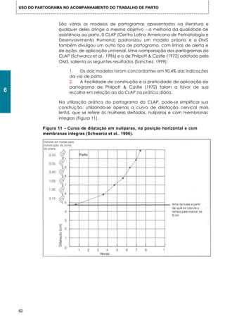 USO DO PARTOGRAMA NO ACOMPANHAMENTO DO TRABALHO DE PARTO



                    São vários os modelos de partogramas apresentados na literatura e
                    qualquer deles atinge o mesmo objetivo - a melhoria da qualidade de
                    assistência ao parto. 0 CLAP (Centro Latino Americano de Perinatologia e
                    Desenvolvimento Humano) padronizou um modelo próprio e a OMS
                    também divulgou um outro tipo de partograma, com linhas de alerta e
                    de ação, de aplicação universal. Uma comparação dos partogramas do
                    CLAP (Schwarcz et al., 1996) e o de Philpott & Castle (1972) adotado pela
                    OMS, salienta os seguintes resultados (Sanchez, 1999):

                         1.   Os dois modelos foram concordantes em 90,4% das indicações
                         da via de parto
                         2.   A Facilidade de construção e a praticidade de aplicação do
                         partograma de Philpott & Castle (1972) falam a favor de sua
6                        escolha em relação ao do CLAP na prática diária.

                    Na utilização prática do partograma do CLAP, pode-se simplificar sua
                    construção, utilizando-se apenas a curva de dilatação cervical mais
                    lenta, que se refere às mulheres deitadas, nulíparas e com membranas
                    íntegras (Figura 11).

             Figura 11 - Curva de dilatação em nulíparas, na posição horizontal e com
             membranas íntegras (Schwarcz et al.. 1996).




    62
 