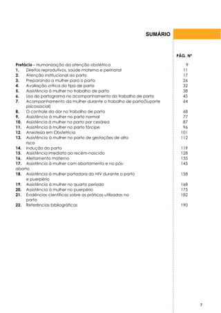SUMÁRIO



                                                                    PÁG. Nº

Prefácio – Humanização da atenção obstétrica                            9
1.   Direitos reprodutivos, saúde materna e perinatal                  11
2.   Atenção institucional ao parto                                    17
3.   Preparando a mulher para o parto                                  26
4.   Avaliação crítica do tipo de parto                                32
5.   Assistência à mulher no trabalho de parto                         38
6.   Uso do partograma no acompanhamento do trabalho de parto          45
7.   Acompanhamento da mulher durante o trabalho de parto(Suporte      64
     psicossocial)
8.   O controle da dor no trabalho de parto                           68
9.   Assistência à mulher no parto normal                             77
10. Assistência à mulher no parto por cesárea                         87
11. Assistência à mulher no parto fórcipe                             96
12. Anestesia em Obstetrícia                                         101
13. Assistência à mulher no parto de gestações de alto               112
     risco
14. Indução do parto                                                 119
15. Assistência imediata ao recém-nascido                            128
16. Aleitamento materno                                              135
17. Assistência à mulher com abortamento e no pós-                   145
aborto
18. Assistência à mulher portadora do HIV durante o parto             158
     e puerpério
19. Assistência à mulher no quarto período                           168
20. Assistência à mulher no puerpério                                175
21. Evidências cientificas sobre as práticas utilizadas no           182
     parto
22. Referências bibliográficas                                       190




                                                                              7
 