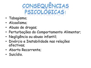 • Tabagismo;
• Alcoolismo;
• Abuso de drogas;
• Perturbações do Comportamento Alimentar;
• Negligência ou abuso infantil;
• Divórcio e Instabilidade nas relações
  afectivas;
• Aborto Recorrente;
• Suicídio.
 