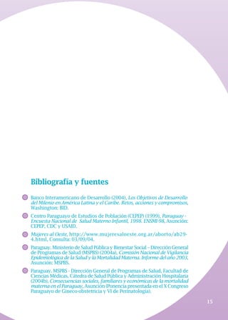 Banco Interamericano de Desarrollo (2004), Los Objetivos de Desarrollo
del Milenio en América Latina y el Caribe. Retos, acciones y compromisos,
Washington: BID.
Centro Paraguayo de Estudios de Población (CEPEP) (1999), Paraguay -
Encuesta Nacional de Salud Materno Infantil, 1998. ENSMI-98, Asunción:
CEPEP, CDC y USAID.
Mujeres al Oeste, http://www.mujeresaloeste.org.ar/aborto/ab29-
4.html, Consulta: 03/09/04.
Paraguay.MinisteriodeSaludPúblicayBienestarSocial–DirecciónGeneral
de Programas de Salud (MSPBS) (2004a), Comisión Nacional de Vigilancia
Epidemiológica de la Salud y la Mortalidad Materna. Informe del año 2003,
Asunción: MSPBS.
Paraguay. MSPBS - Dirección General de Programas de Salud, Facultad de
Ciencias Médicas, Cátedra de Salud Pública y Administración Hospitalaria
(2004b), Consecuencias sociales, familiares y económicas de la mortalidad
materna en el Paraguay, Asunción (Ponencia presentada en el X Congreso
Paraguayo de Gineco-obstetricia y VI de Perinatología).
Bibliografía y fuentes
15
 