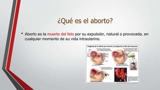 ¿Qué es el aborto?
• Aborto es la muerte del feto por su expulsión, natural o provocada, en
cualquier momento de su vida intrauterino.
