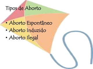 Tipos de Aborto
• Aborto Espontâneo
• Aborto Induzido
• Aborto Ilegal
 