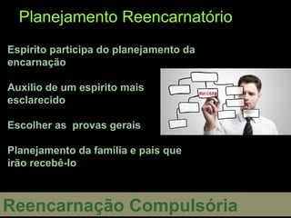 Planejamento Reencarnatório
Espirito participa do planejamento da
encarnação
Auxilio de um espirito mais
esclarecido
Escolher as provas gerais
Planejamento da família e pais que
irão recebê-lo
Reencarnação Compulsória
 