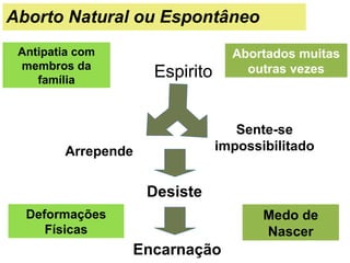 Aborto Natural ou Espontâneo
Espirito
Arrepende
Sente-se
impossibilitado
Desiste
Encarnação
Antipatia com
membros da
família
Deformações
Físicas
Medo de
Nascer
Abortados muitas
outras vezes
 