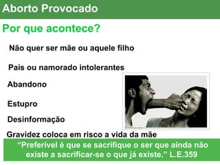 Abandono
Por que acontece?
Gravidez coloca em risco a vida da mãe
Estupro
Não quer ser mãe ou aquele filho
Pais ou namorado intolerantes
“Preferível é que se sacrifique o ser que ainda não
existe a sacrificar-se o que já existe.” L.E.359
Desinformação
Aborto Provocado
 