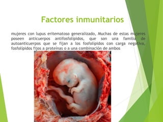 Factores inmunitarios
mujeres con lupus eritematoso generalizado, Muchas de estas mujeres
poseen anticuerpos antifosfolípidos, que son una familia de
autoanticuerpos que se fijan a los fosfolípidos con carga negativa,
fosfolípidos fijos a proteínas o a una combinación de ambos
 