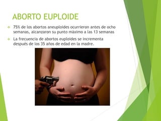 ABORTO EUPLOIDE
 75% de los abortos aneuploides ocurrieron antes de ocho
semanas, alcanzaron su punto máximo a las 13 semanas
 La frecuencia de abortos euploides se incrementa
después de los 35 años de edad en la madre.
 