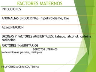 FACTORES MATERNOS
INFECCIONES
ANOMALIAS ENDOCRINAS: hipotiroidismo, DM
ALIMENTACION
DROGAS Y FACTORES AMBIENTALES: tabaco, alcohol, cafeina,
radiacion
FACTORES INMUNITARIOS
DEFECTOS UTERINOS
Los leiomiomas grandes, múltiples
INSUFICIENCIA CERVICOUTERINA
 