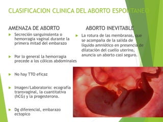 CLASIFICACION CLINICA DEL ABORTO ESPONTANEO
AMENAZA DE ABORTO
 Secreción sanguinolenta o
hemorragia vaginal durante la
primera mitad del embarazo
 Por lo general la hemorragia
precede a los cólicos abdominales
 No hay TTO eficaz
 Imagen/Laboratorio: ecografía
transvaginal, la cuantitativa
(hCG) y la progesterona.
 Dg diferencial, embarazo
ectopico
ABORTO INEVITABLE
 La rotura de las membranas, que
se acompaña de la salida de
líquido amniótico en presencia de
dilatación del cuello uterino,
anuncia un aborto casi seguro.
 