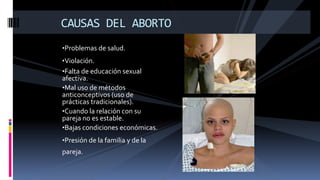 •Problemas de salud.
•Violación.
•Falta de educación sexual
afectiva.
•Mal uso de métodos
anticonceptivos (uso de
prácticas tradicionales).
•Cuando la relación con su
pareja no es estable.
•Bajas condiciones económicas.
•Presión de la familia y de la
pareja.
CAUSAS DEL ABORTO
 