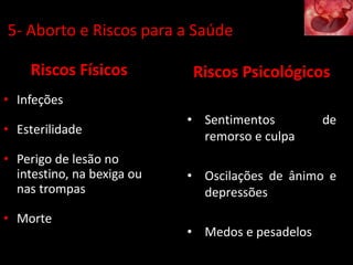 Riscos Físicos
• Infeções
• Esterilidade
• Perigo de lesão no
intestino, na bexiga ou
nas trompas
• Morte
Riscos Psicológicos
• Sentimentos de
remorso e culpa
• Oscilações de ânimo e
depressões
• Medos e pesadelos
5- Aborto e Riscos para a Saúde
 