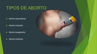 TIPOS DE ABORTO
 Aborto espontáneo
 Aborto inducido
 Aborto terapéutico
 Aborto indirecto
 