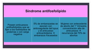 • Presencia de 3 o más abortos consecutivos a las 20 semanas o menos de
gestación o con un peso fetal <500 g
• Anomalías cromosómicas de los padres (2% - 4%)
• Factores anatómicos (15%)
Anomalías uterinas congénita o adquirida
Síndrome de Asherman
Leiomiomas
• Factores inmunitarios
Autoinmunitario
Aloinmunitario
Síndrome antifosfolípido
Poseen anticuerpos
antifosfolípidos que se
fijan a los fosfolípidos de
proteínas o con carga
negativa
5% de embarazadas se
asocian con
anticoagulante del lupus
y el anticuerpo
anticardiolipina 
embarazos fracasados
Mujeres con antecedente
de aborto del 1° trimestre,
concentración alta de
anticuerpos 
recurrencia del 70% de
abortos
 