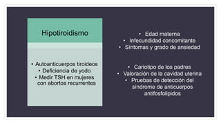 Hipotiroidismo
• Autoanticuerpos tiroideos
• Deficiencia de yodo
• Medir TSH en mujeres
con abortos recurrentes
• Edad materna
• Infecundidad concomitante
• Síntomas y grado de ansiedad
• Cariotipo de los padres
• Valoración de la cavidad uterina
• Pruebas de detección del
síndrome de anticuerpos
antifosfolipidos
 
