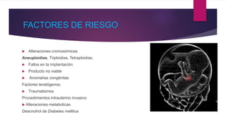 FACTORES DE RIESGO
 Alteraciones cromosómicas
Aneuploidias, Triploidias, Tetraploidias.
 Fallos en la implantación
 Producto no viable
 Anomalías congénitas
Factores teratógenos.
 Traumatismos
Procedimientos intrauterino invasivo
 Alteraciones metabolicas
Descnotrol de Diabetes mellitus
 
