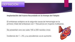 Implantación del huevo fecundado en la trompa de Falopio
El embarazo ectópico es la segunda causa de hemorragia en la
primera mitad del embarazo con > frecuencia en mujeres multíparas.
Se presentan una vez cada 100 a 200 nacidos vivos
Incidencia de 1 – 2% y su prevalencia va en aumento
DEFINICIÓN
 