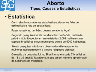 Aborto
Tipos, Causas e Estatísticas
10/03/2012 Aborto 10
Com relação aos abortos clandestinos, devemos falar de
estimativas e não de estatísticas.
Fazer ressalvas, também, quanto ao aborto legal.
Segundo pesquisa inédita do Ministério da Saúde, realizada
pelo instituto Ibope, foram entrevistadas 2.002 mulheres, nas
capitais brasileiras e nos municípios acima de 5000 habitantes.
Nesta pesquisa, não foram observadas diferenças entre
mulheres que pertencem a grupos religiosos distintos.
O resulta da pesquisa foi: no Brasil, uma em cada 7 brasileiras
de 18 a 39 anos já fez aborto, o que dá um número aproximado
de 5 milhões de mulheres.
• Estatística
 