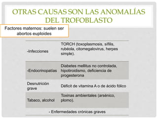 OTRAS CAUSAS SON LAS ANOMALÍAS
DEL TROFOBLASTO
-Infecciones
TORCH (toxoplasmosis, sífilis,
rubéola, citomegalovirus, herpes
simple).
-Endocrinopatías
Diabetes mellitus no controlada,
hipotiroidismo, deficiencia de
progesterona
Desnutrición
grave
Déficit de vitamina A o de ácido fólico
Tabaco, alcohol
Toxinas ambientales (arsénico,
plomo).
- Enfermedades crónicas graves
Factores maternos: suelen ser
abortos euploides
 