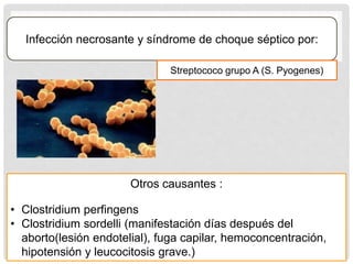 Infección necrosante y síndrome de choque séptico por:
Otros causantes :
• Clostridium perfingens
• Clostridium sordelli (manifestación días después del
aborto(lesión endotelial), fuga capilar, hemoconcentración,
hipotensión y leucocitosis grave.)
Streptococo grupo A (S. Pyogenes)
 