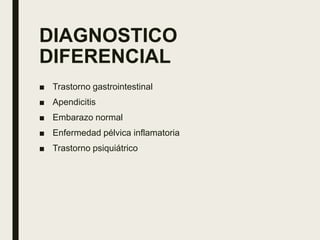 DIAGNOSTICO
DIFERENCIAL
■ Trastorno gastrointestinal
■ Apendicitis
■ Embarazo normal
■ Enfermedad pélvica inflamatoria
■ Trastorno psiquiátrico
 