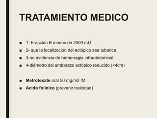 TRATAMIENTO MEDICO
■ 1- Fracción B menos de 2000 mU
■ 2- que la localización del ectópico sea tubarica
■ 3-no evidencia de hemorragia intraabdominal
■ 4-diámetro del embarazo ectópico reducido (<4cm)
■ Metrotexate oral 50 mg/m2 IM
■ Acido folinico (prevenir toxicidad)
 