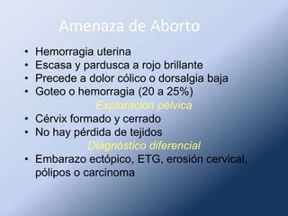 Amenaza de Aborto
• Hemorragia uterina
• Escasa y pardusca a rojo brillante
• Precede a dolor cólico o dorsalgia baja
• Goteo o hemorragia (20 a 25%)
Exploración pélvica
• Cérvix formado y cerrado
• No hay pérdida de tejidos
Diagnóstico diferencial
• Embarazo ectópico, ETG, erosión cervical,
pólipos o carcinoma
 
