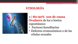 1-) 80-90% son de causa
Ovulares de los a bortos
espontáneos:
• Factores hereditarios
• Defectos cromosómicos o de las
células sexuales
ETIOLOGÍA
 