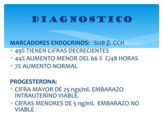 MARCADORES ENDOCRINOS:   SUB  β . GCH 49% TIENEN CIFRAS DECRECIENTES 44% AUMENTO MENOR DEL 66 %  C/48 HORAS 7% AUMENTO NORMAL PROGESTERONA:  CIFRA MAYOR DE 25 ngs/ml. EMBARAZO INTRAUTERINO VIABLE. CIFRAS MENORES DE 5 ng/ml.  EMBARAZO NO VIABLE DIAGNOSTICO 