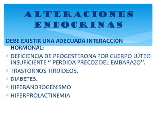 DEBE EXISTIR UNA ADECUADA INTERACCION HORMONAL: DEFICIENCIA DE PROGESTERONA POR CUERPO LÚTEO INSUFICIENTE “ PERDIDA PRECOZ DEL EMBARAZO”. TRASTORNOS TIROIDEOS. DIABETES. HIPERANDROGENISMO HIPERPROLACTINEMIA ALTERACIONES ENDOCRINAS 
