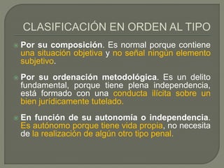  Por su composición. Es normal porque contiene
una situación objetiva y no señal ningún elemento
subjetivo.
 Por su ordenación metodológica. Es un delito
fundamental, porque tiene plena independencia,
está formado con una conducta ilícita sobre un
bien jurídicamente tutelado.
 En función de su autonomía o independencia.
Es autónomo porque tiene vida propia, no necesita
de la realización de algún otro tipo penal.
 