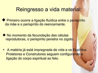 Reingresso a vida material: A matéria já está impregnada de vida e os Espíritos Protetores e Construtores seguem configurando a ligação do corpo espiritual ao feto. Primeiro ocorre a ligação fluídica entre o perispírito da mãe e o perispírito do reencarnante. No momento da fecundação das células reprodutoras, o perispírito penetra no zigoto. 
