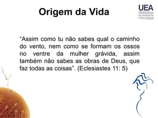Origem da Vida

“Assim como tu não sabes qual o caminho
do vento, nem como se formam os ossos
no ventre da mulher grávida, assim
também não sabes as obras de Deus, que
faz todas as coisas”. (Eclesiastes 11: 5)
 
