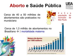 Aborto e Saúde Pública
                                         4 a 5 x a
Cerca de 40 a 50 milhões de              população do
abortamentos são praticados no           município de
                                         São Paulo
mundo/ano


Cerca de 1,3 milhão de abortamentos no
Brasil/ano  ↑ mortalidade materna
 