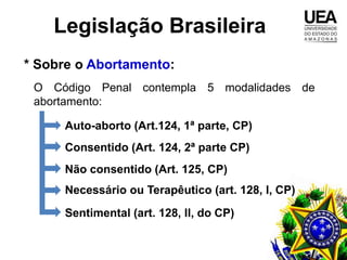 Legislação Brasileira
* Sobre o Abortamento:
 O Código Penal contempla 5 modalidades de
 abortamento:

     Auto-aborto (Art.124, 1ª parte, CP)
     Consentido (Art. 124, 2ª parte CP)
     Não consentido (Art. 125, CP)
     Necessário ou Terapêutico (art. 128, I, CP)
     Sentimental (art. 128, II, do CP)
 