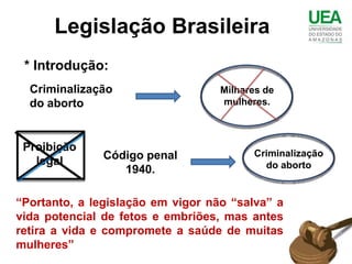 Legislação Brasileira
 * Introdução:
  Criminalização                   Milhares de
  do aborto                        mulheres.



 Proibição
               Código penal              Criminalização
   legal                                   do aborto
                  1940.

“Portanto, a legislação em vigor não “salva” a
vida potencial de fetos e embriões, mas antes
retira a vida e compromete a saúde de muitas
mulheres”
 