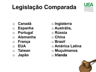Legislação Comparada

o   Canadá     o Inglaterra
o   Espanha    o Austrália,
o   Portugal   o Rússia
o   Alemanha   o China
o   França     o Brasil
o   EUA        o América Latina
o   Taiwan     o Muçulmanos
o   Japão      o Irlanda
 