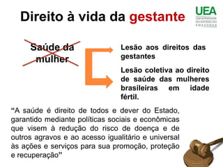 Direito à vida da gestante

     Saúde da                   Lesão aos direitos das
      mulher                    gestantes
                                Lesão coletiva ao direito
                                de saúde das mulheres
                                brasileiras em idade
                                fértil.
“A saúde é direito de todos e dever do Estado,
garantido mediante políticas sociais e econômicas
que visem à redução do risco de doença e de
outros agravos e ao acesso igualitário e universal
às ações e serviços para sua promoção, proteção
e recuperação”
 